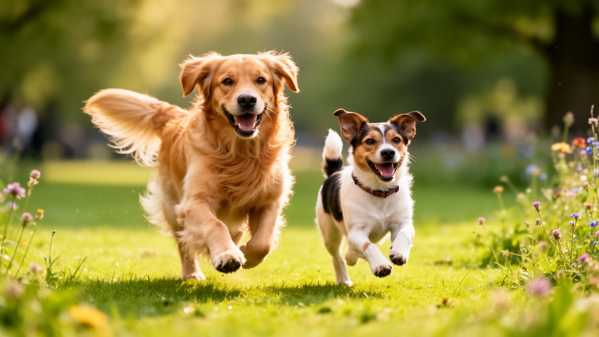 Two happy dogs running through a sunny UK park